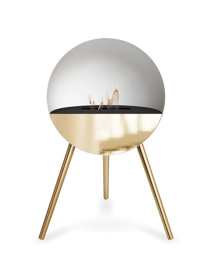 Bioethanol Standkamin Le Feu EYE freistehend in Weiß mit oberem Glas in Schwarz, Frontglas in Roségold und Standfüßen in Roségold