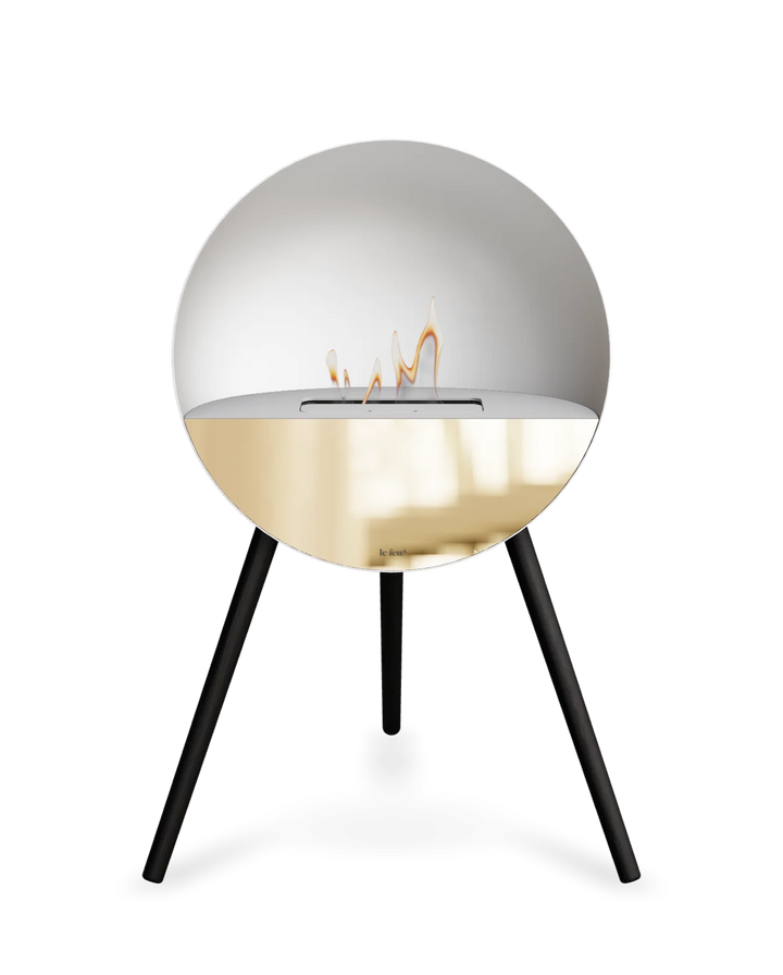 Bioethanol Standkamin Le Feu EYE freistehend in Weiß mit oberem Glas in Weiß, Frontglas in Roségold und Standfüßen in Schwarz