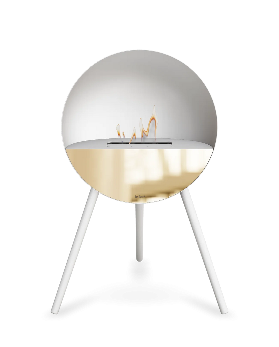 Bioethanol Standkamin Le Feu EYE freistehend in Weiß mit oberem Glas in Weiß, Frontglas in Roségold und Standfüßen in Weiß