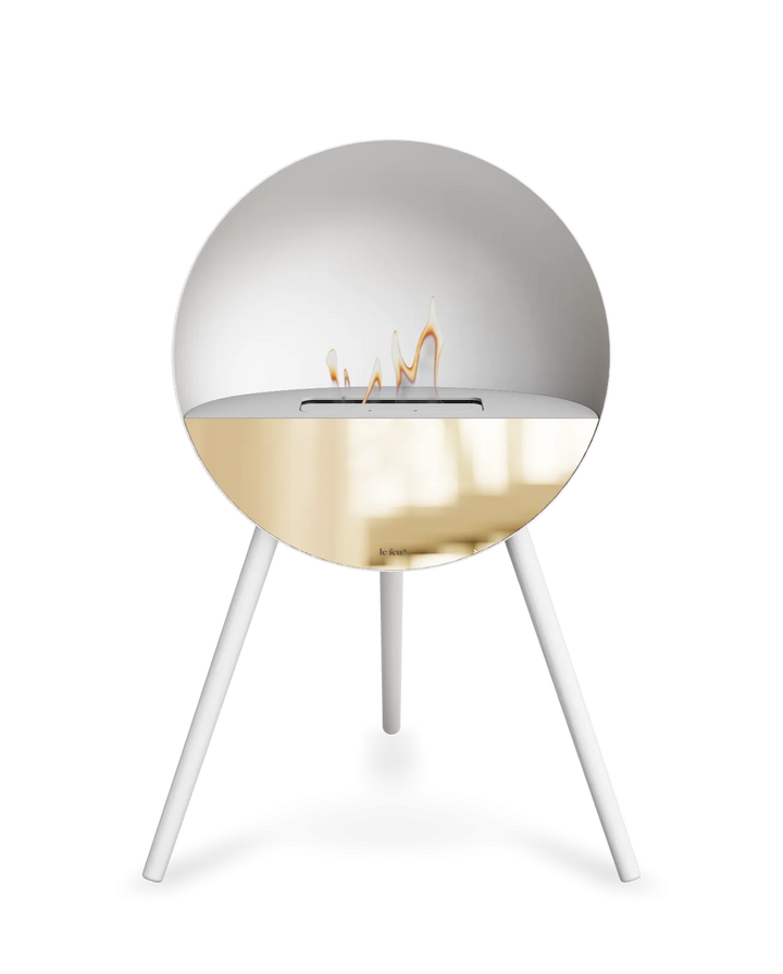 Bioethanol Standkamin Le Feu EYE freistehend in Weiß mit oberem Glas in Weiß, Frontglas in Roségold und Standfüßen in Weiß