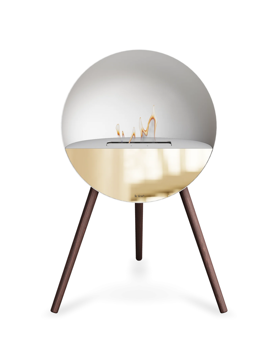 Bioethanol Standkamin Le Feu EYE freistehend in Weiß mit oberem Glas in Weiß, Frontglas in Roségold und Standfüßen aus geräucherter Eiche
