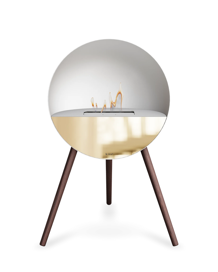 Bioethanol Standkamin Le Feu EYE freistehend in Weiß mit oberem Glas in Weiß, Frontglas in Roségold und Standfüßen aus geräucherter Eiche