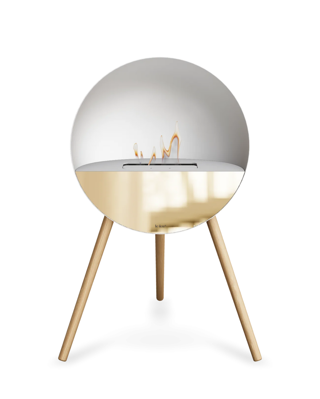 Bioethanol Standkamin Le Feu EYE freistehend in Weiß mit oberem Glas in Weiß, Frontglas in Roségold und Standfüßen aus seifenbehandelter Eiche