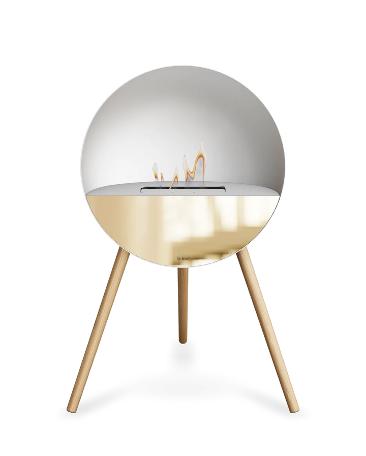 Bioethanol Standkamin Le Feu EYE freistehend in Weiß mit oberem Glas in Weiß, Frontglas in Roségold und Standfüßen aus seifenbehandelter Eiche