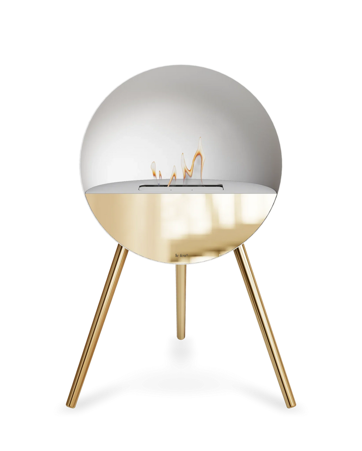 Bioethanol Standkamin Le Feu EYE freistehend in Weiß mit oberem Glas in Weiß, Frontglas in Roségold und Standfüßen in Roségold