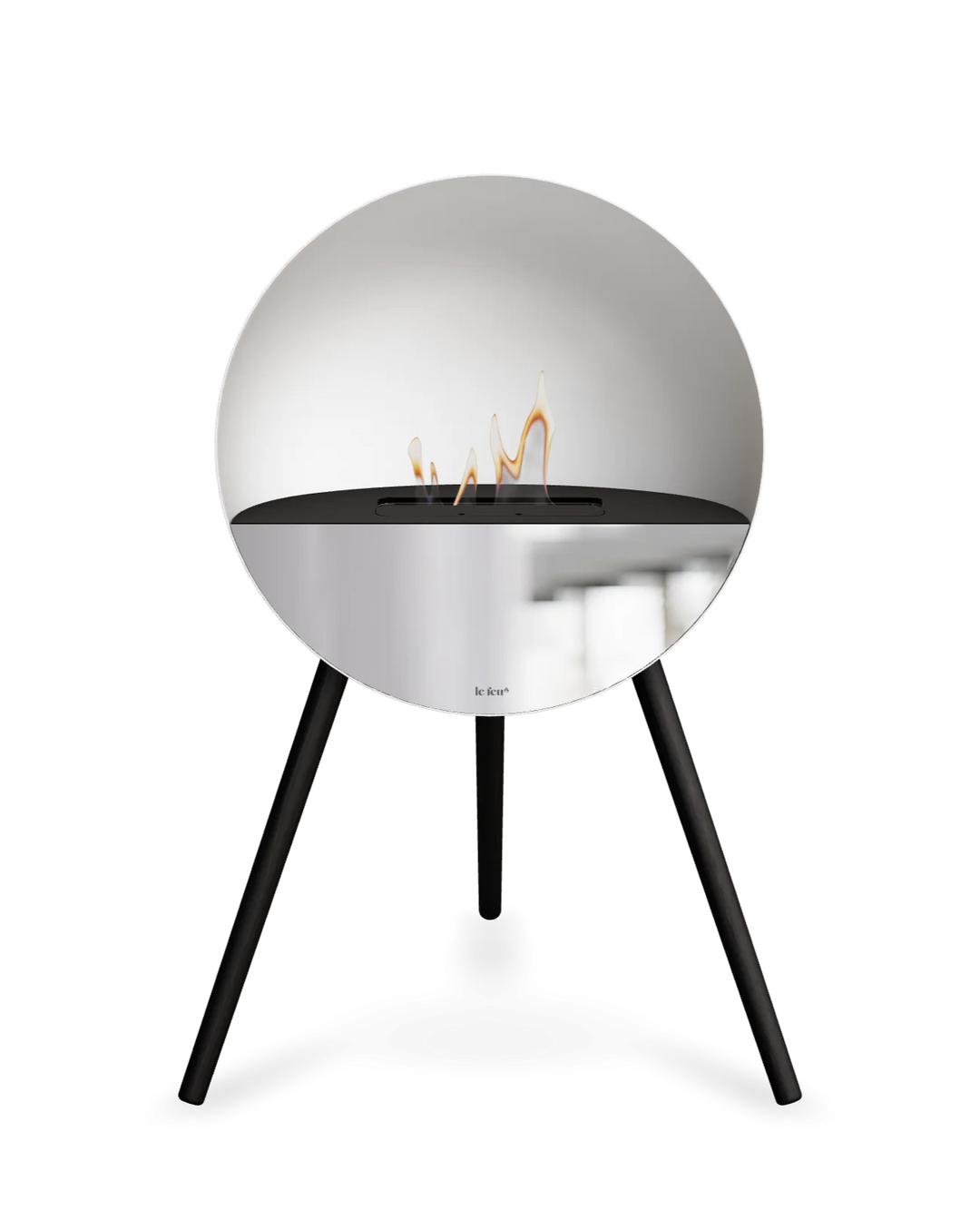Bioethanol Standkamin Le Feu EYE freistehend in Weiß mit oberem Glas in Schwarz, Frontglas in Spiegelglas und Standfüßen in Schwarz