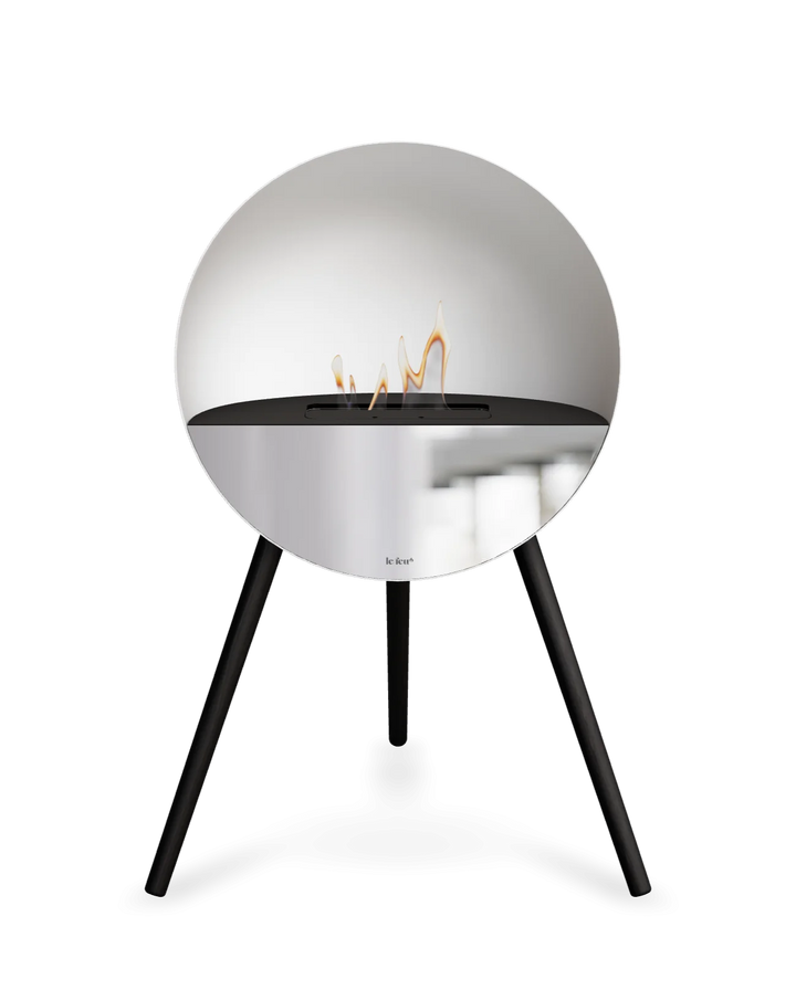 Bioethanol Standkamin Le Feu EYE freistehend in Weiß mit oberem Glas in Schwarz, Frontglas in Spiegelglas und Standfüßen in Schwarz
