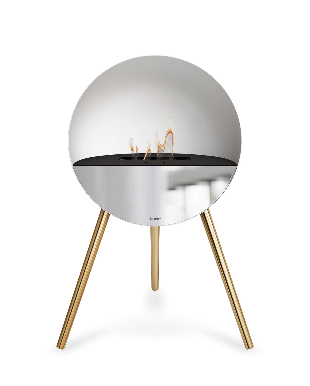 Bioethanol Standkamin Le Feu EYE freistehend in Weiß mit oberem Glas in Schwarz, Frontglas in Spiegelglas und Standfüßen in Roségold