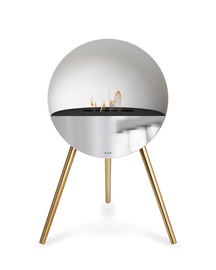 Bioethanol Standkamin Le Feu EYE freistehend in Weiß mit oberem Glas in Schwarz, Frontglas in Spiegelglas und Standfüßen in Roségold