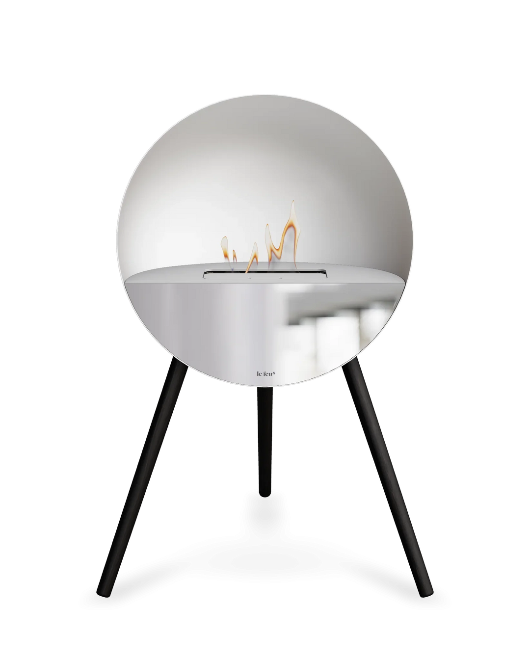Bioethanol Standkamin Le Feu EYE freistehend in Weiß mit oberem Glas in Weiß, Frontglas in Spiegelglas und Standfüßen in Schwarz