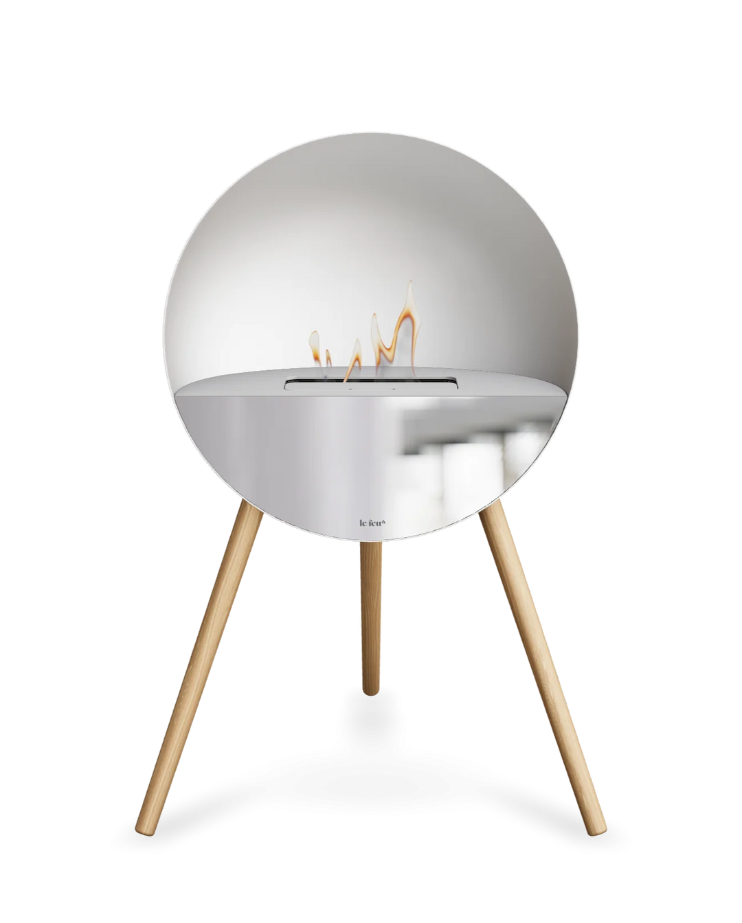 Bioethanol Standkamin Le Feu EYE freistehend in Weiß mit oberem Glas in Weiß, Frontglas in Spiegelglas und Standfüßen aus seifenbehandelter Eiche
