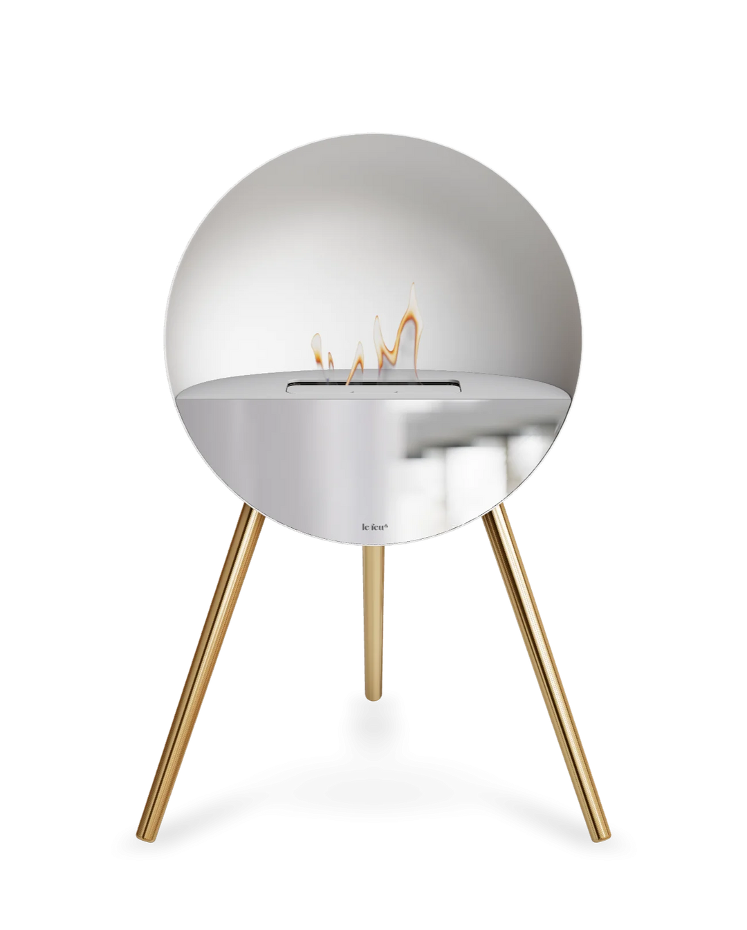 Bioethanol Standkamin Le Feu EYE freistehend in Weiß mit oberem Glas in Weiß, Frontglas in Spiegelglas und Standfüßen in Roségold