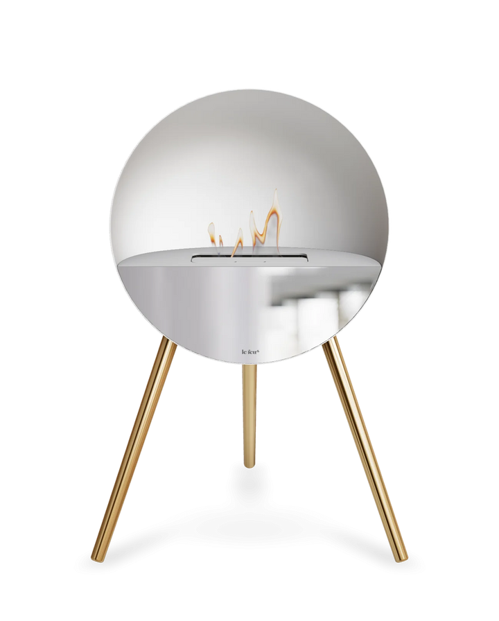 Bioethanol Standkamin Le Feu EYE freistehend in Weiß mit oberem Glas in Weiß, Frontglas in Spiegelglas und Standfüßen in Roségold