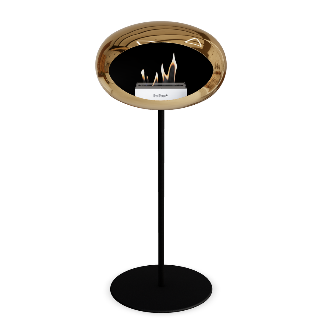 Bioethanol Standkamin Le Feu GROUND STEEL HIGH freistehend 25 mm in Chrom Roségold mit Rohr Schwarz, Brenner Edelstahl und Bodenplatte Schwarz