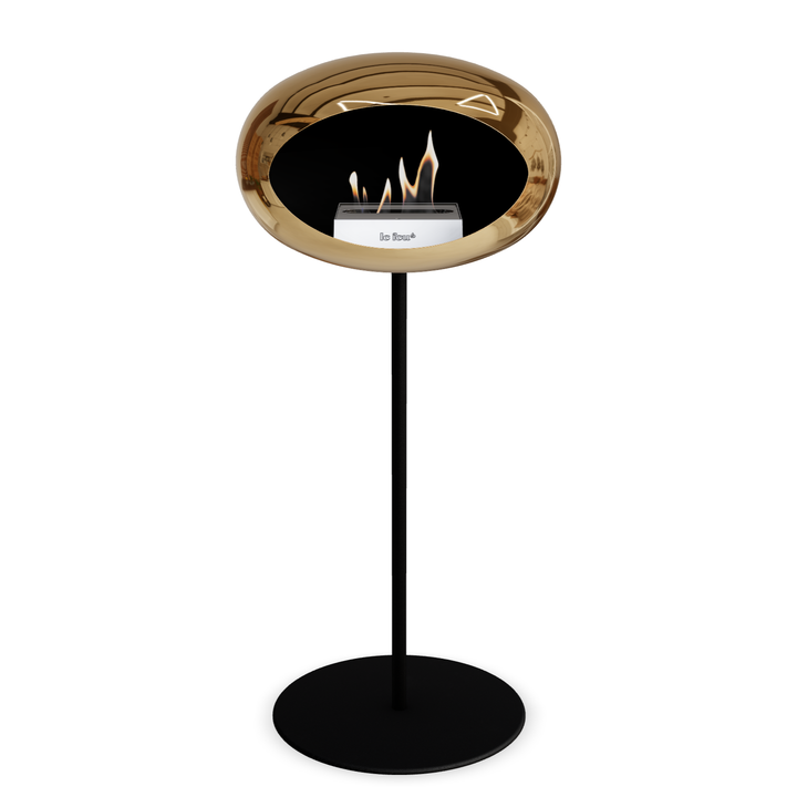 Bioethanol Standkamin Le Feu GROUND STEEL HIGH freistehend 25 mm in Chrom Roségold mit Rohr Schwarz, Brenner Edelstahl und Bodenplatte Schwarz
