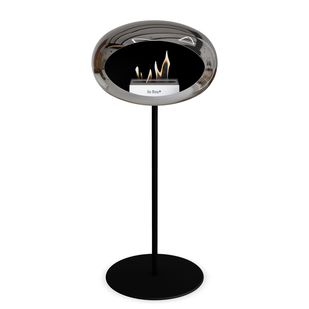 Bioethanol Standkamin Le Feu GROUND STEEL HIGH freistehend 25 mm in Chrom Silber mit Rohr Schwarz, Brenner Roségold und Bodenplatte Schwarz