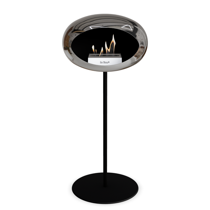 Bioethanol Standkamin Le Feu GROUND STEEL HIGH freistehend 25 mm in Chrom Silber mit Rohr Schwarz, Brenner Roségold und Bodenplatte Schwarz