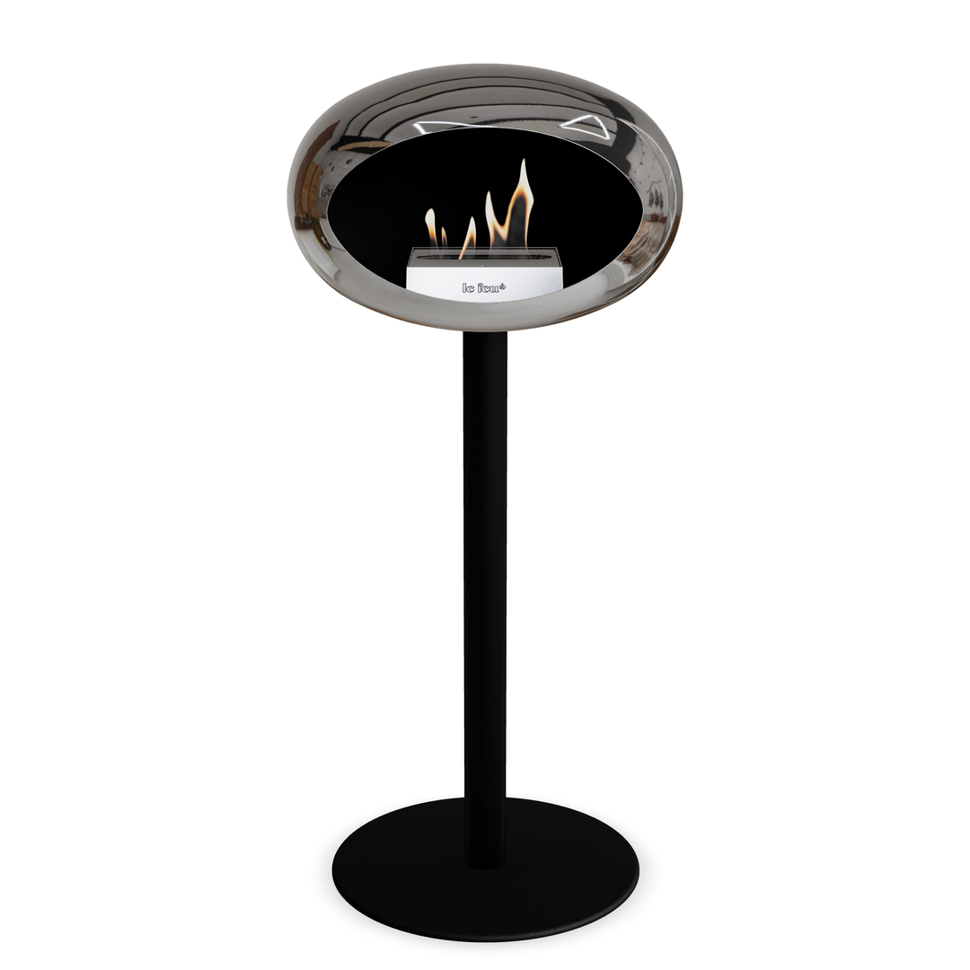 Bioethanol Standkamin Le Feu GROUND STEEL HIGH freistehend 60 mm in Chrom Silber mit Rohr Schwarz, Brenner Roségold und Bodenplatte Schwarz