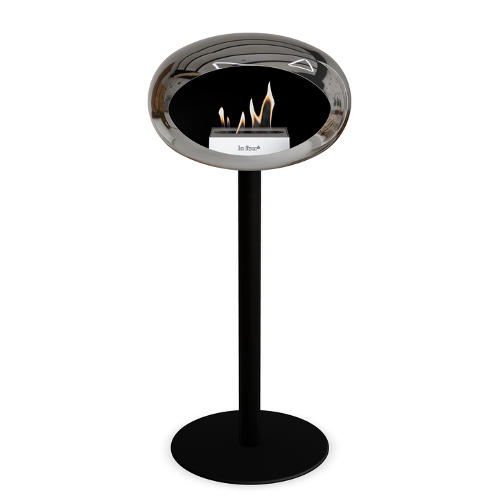 Bioethanol Standkamin Le Feu GROUND STEEL HIGH freistehend 60 mm in Chrom Silber mit Rohr Schwarz, Brenner Roségold und Bodenplatte Schwarz