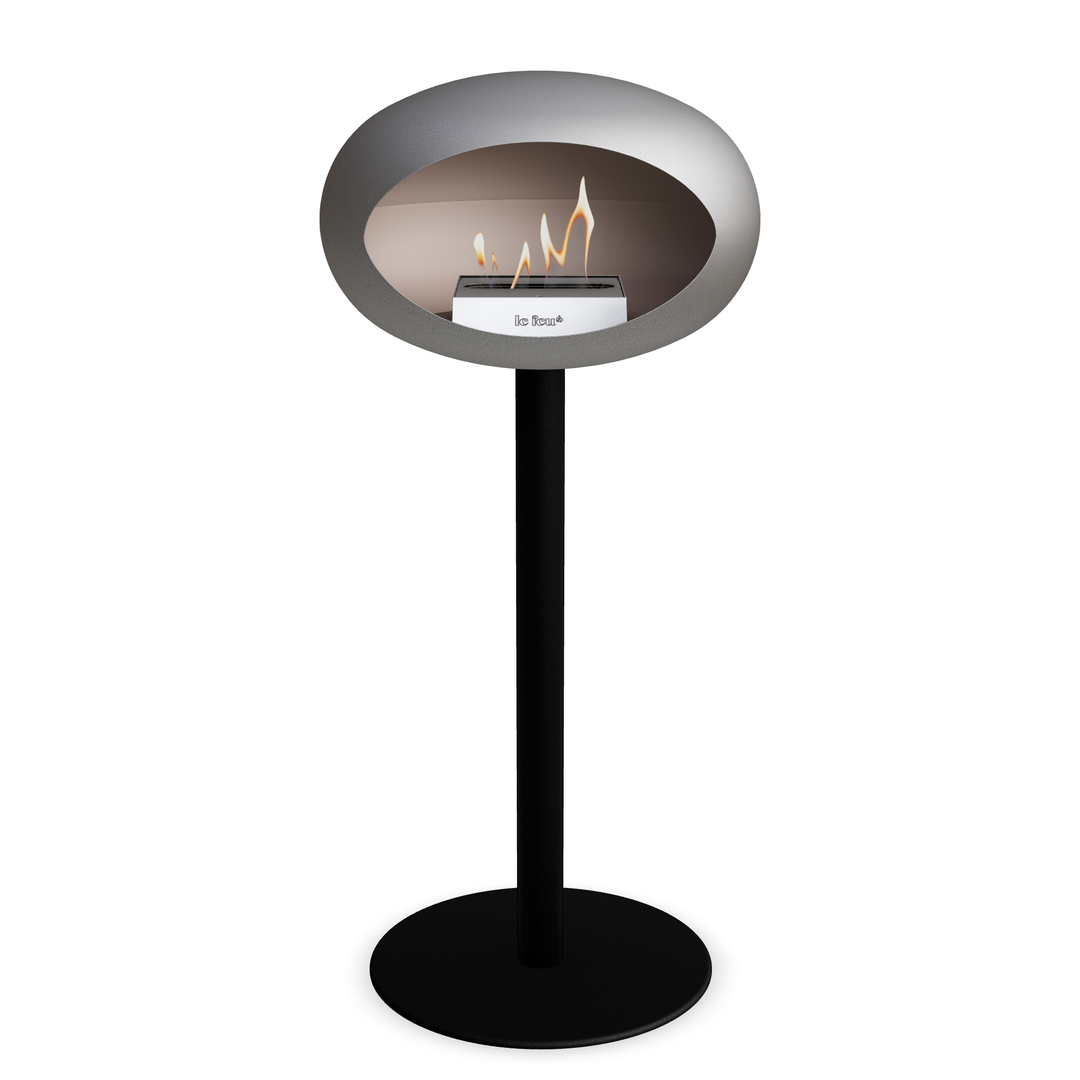 Bioethanol Standkamin Le Feu GROUND STEEL HIGH freistehend 60 mm in Nickel mit Rohr Schwarz, Brenner Edelstahl und Bodenplatte Schwarz