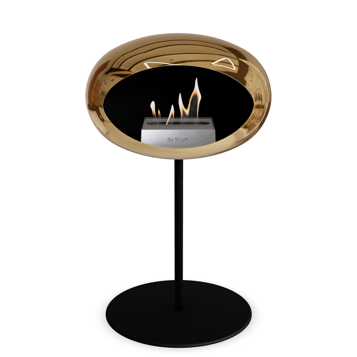 Bioethanol Standkamin Le Feu GROUND STEEL LOW freistehend 25 mm in Chrom Roségold mit Rohr Schwarz, Brenner Edelstahl und Bodenplatte Schwarz