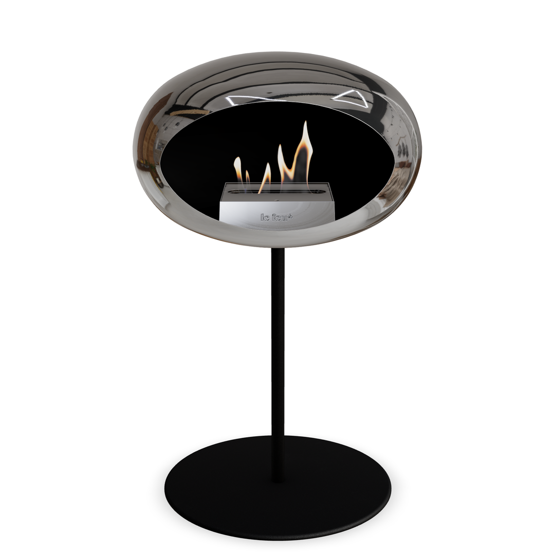 Bioethanol Standkamin Le Feu GROUND STEEL LOW freistehend 25 mm in Chrom Silber mit Rohr Schwarz, Brenner Roségold und Bodenplatte Schwarz