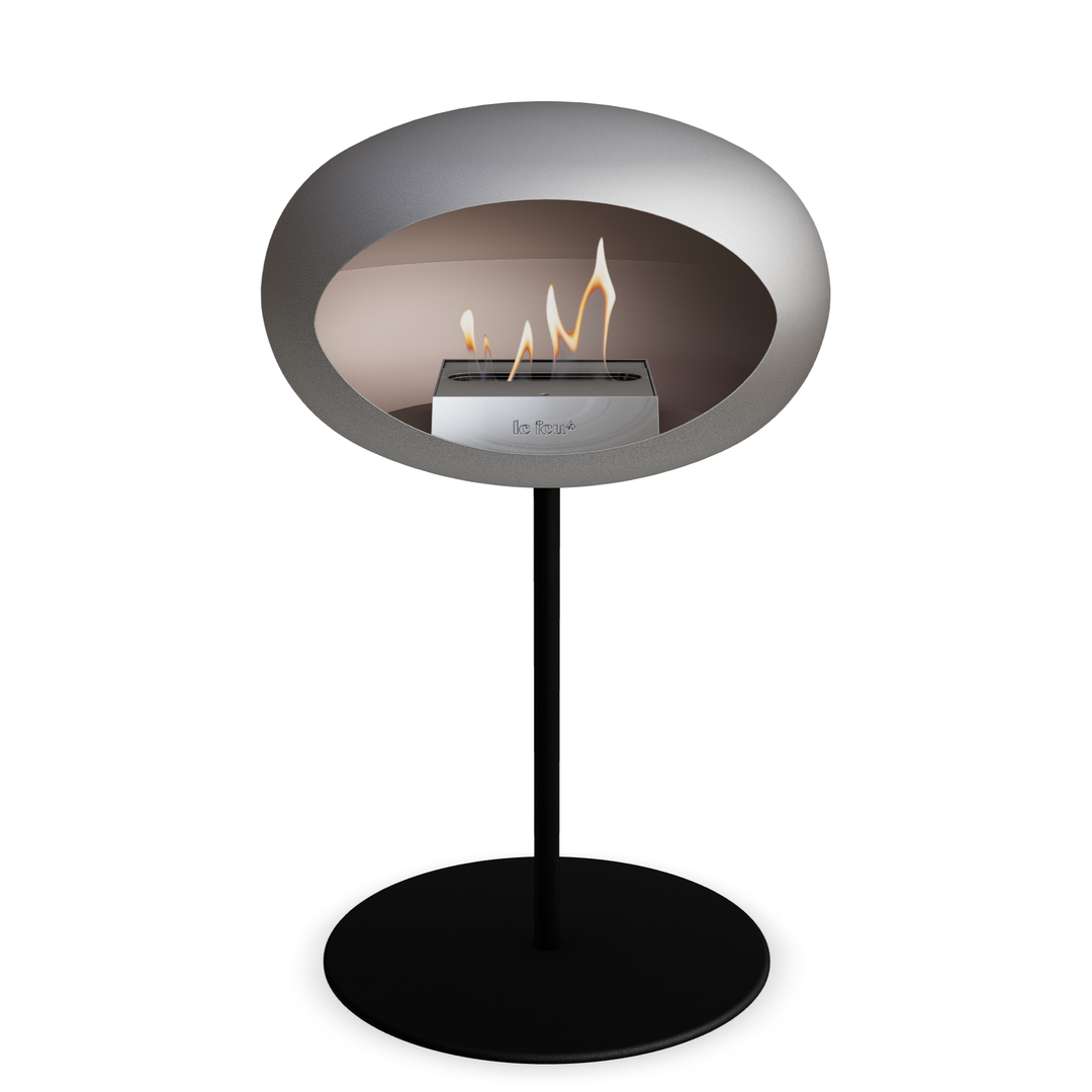 Bioethanol Standkamin Le Feu GROUND STEEL LOW freistehend 25 mm in Nickel mit Rohr Schwarz, Brenner Edelstahl und Bodenplatte Schwarz