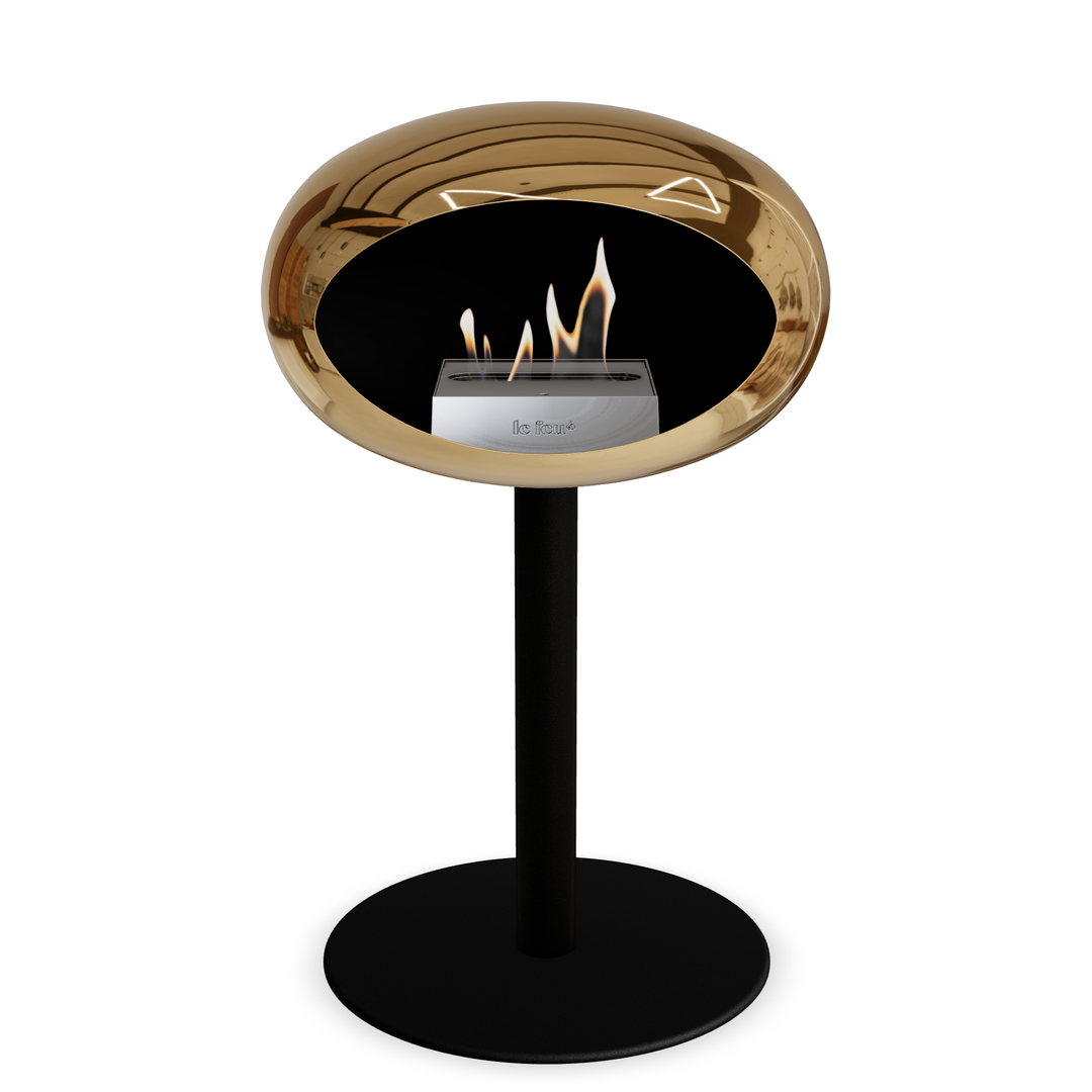 Bioethanol Standkamin Le Feu GROUND STEEL LOW freistehend 60 mm in Chrom Roségold mit Rohr Schwarz, Brenner Edelstahl und Bodenplatte Schwarz