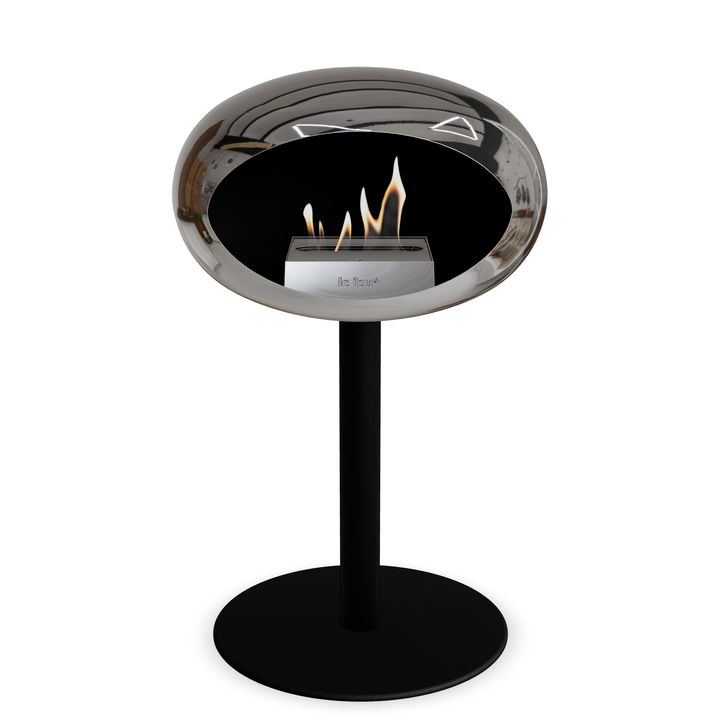 Bioethanol Standkamin Le Feu GROUND STEEL LOW freistehend 60 mm in Chrom Silber mit Rohr Schwarz, Brenner Roségold und Bodenplatte Schwarz
