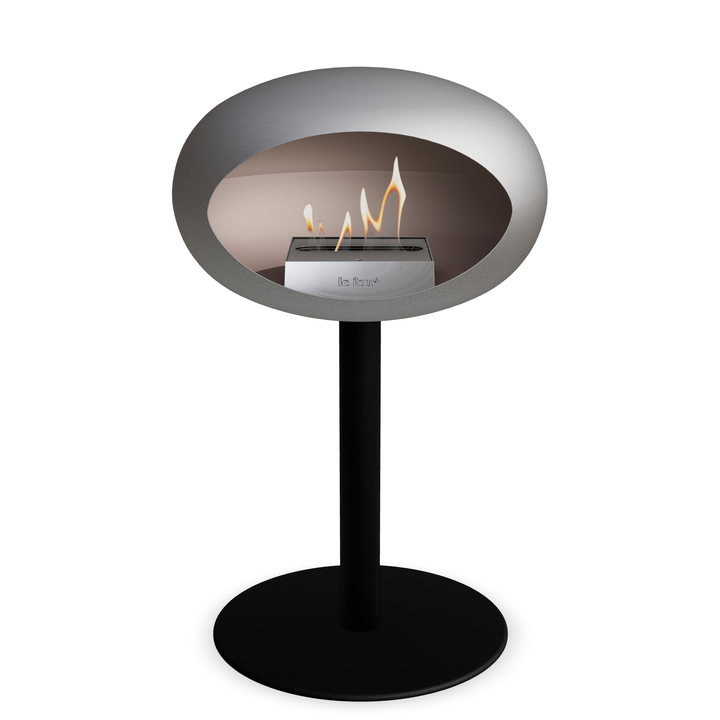 Bioethanol Standkamin Le Feu GROUND STEEL LOW freistehend 60 mm in Nickel mit Rohr Schwarz, Brenner Edelstahl und Bodenplatte Schwarz