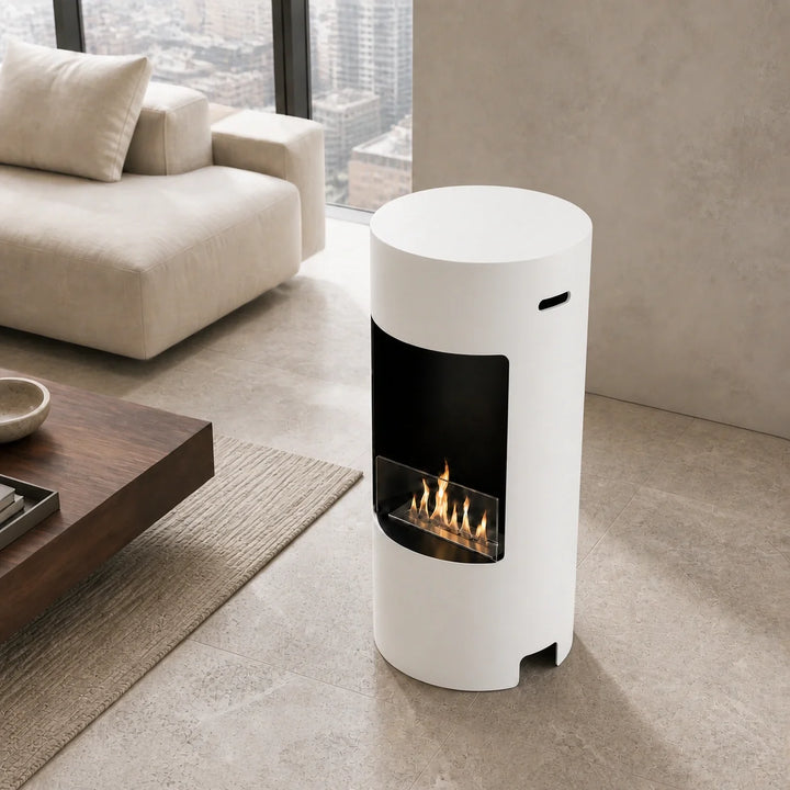 Bioethanol Standkamin LECCO Freistehender Ethanolkamin Boden Weiss in luxuriösem Penthouse