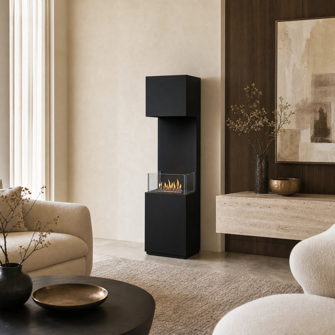 Bioethanol Standkamin LIBAO Freistehender Ethanolkamin Boden Schwarz in luxuriösem Wohnzimmer