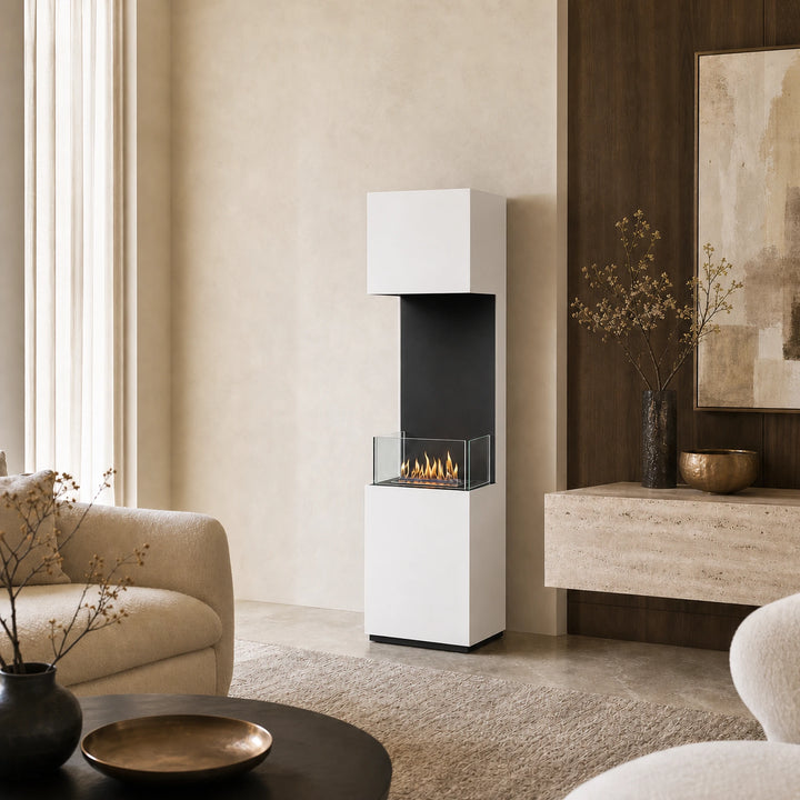 Bioethanol Standkamin LIBAO Freistehender Ethanolkamin Boden Weiss in luxuriösem Wohnzimmer