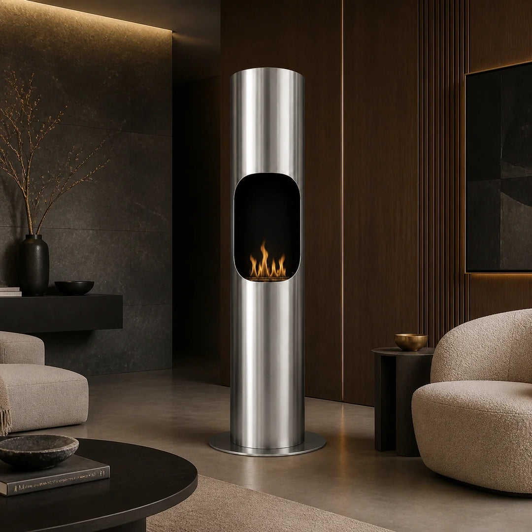 Bioethanol Standkamin LOFT Freistehender Ethanolkamin Boden Edelstahl in moderner Galerie