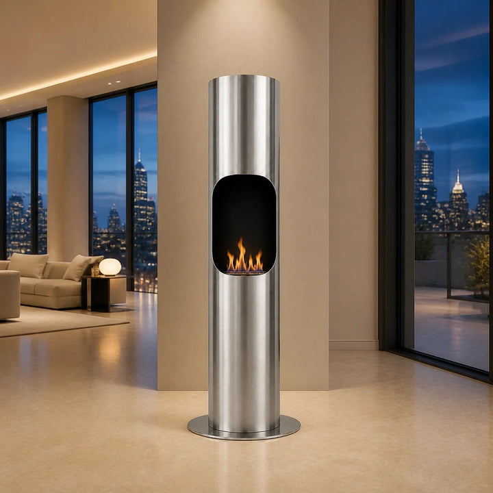 Bioethanol Standkamin LOFT Freistehender Ethanolkamin Boden Edelstahl in luxuriösem Penthouse