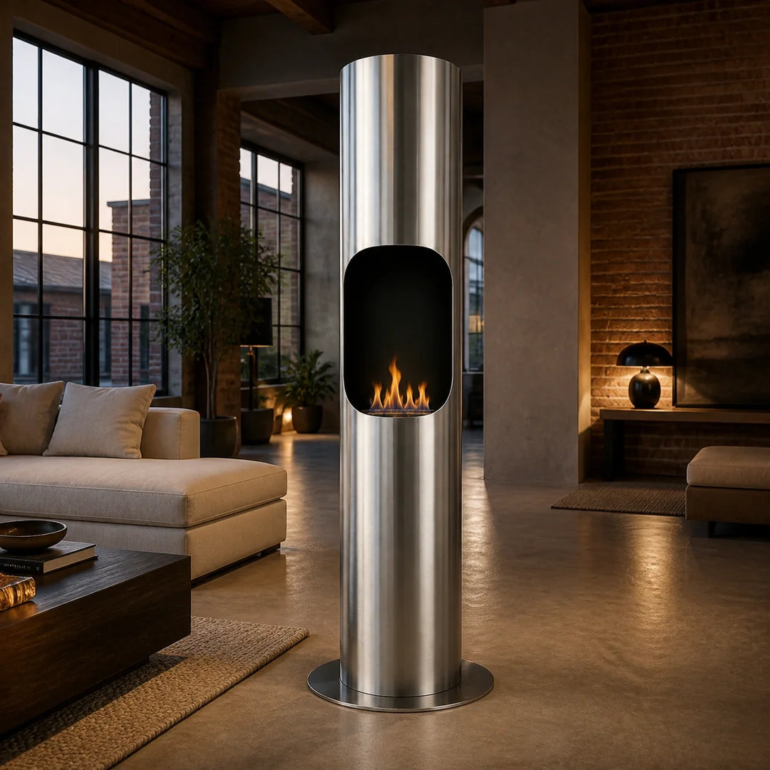 Bioethanol Standkamin LOFT Freistehender Ethanolkamin Boden Edelstahl in luxuriösem Industrial Wohnzimmer