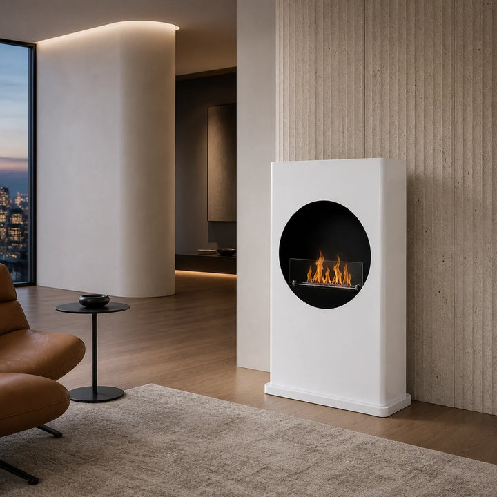 Bioethanol Standkamin MARINEO Freistehender Ethanolkamin Boden Weiss in modernem Penthouse