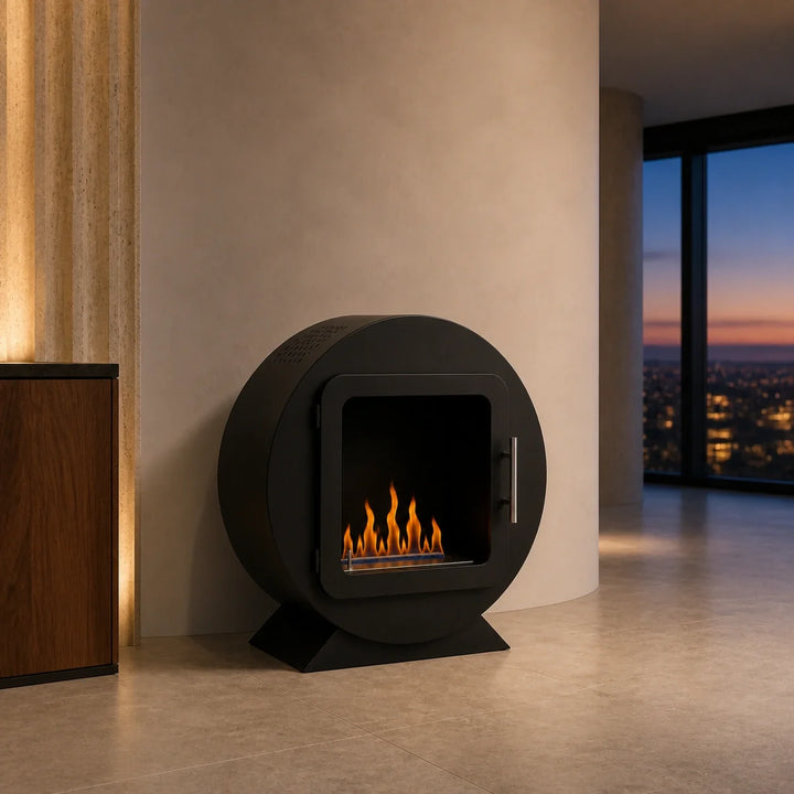 Bioethanol Standkamin OVEDIA Freistehender Ethanolkamin Boden Schwarz in modernem Penthouse