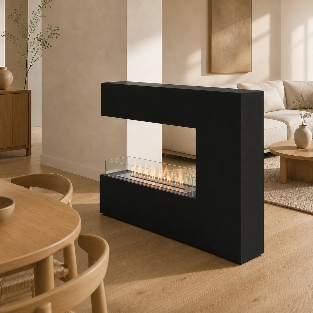 Bioethanol Standkamin ROMANE Freistehender Ethanolkamin Boden Schwarz in minimalistischem Wohnzimmer