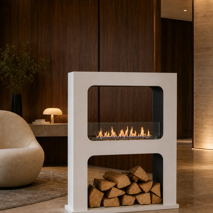 Bioethanol Standkamin SAN VITO Freistehender Ethanolkamin Raumteiler Weiss in luxuriösem Wohnzimmer