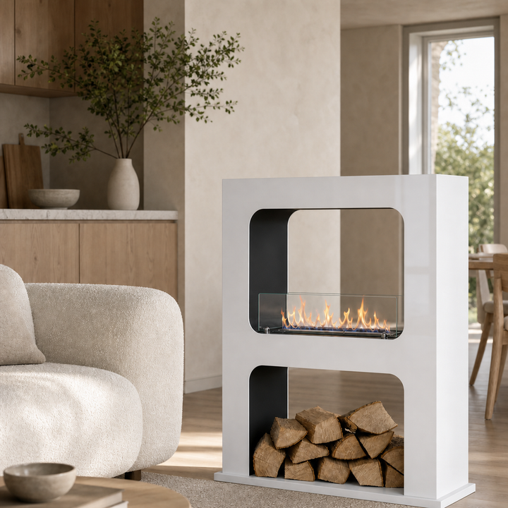 Bioethanol Standkamin SAN VITO Freistehender Ethanolkamin Raumteiler Weiss in minimalistischem Wohnzimmer
