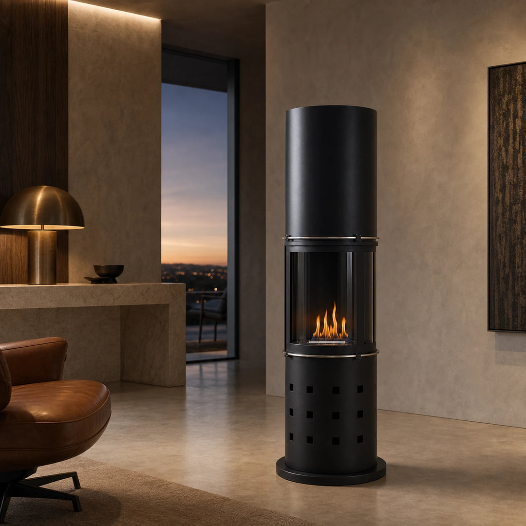 Bioethanol Standkamin SANREMO Freistehender Ethanolkamin Boden Schwarz in luxuriösem Wohnzimmer