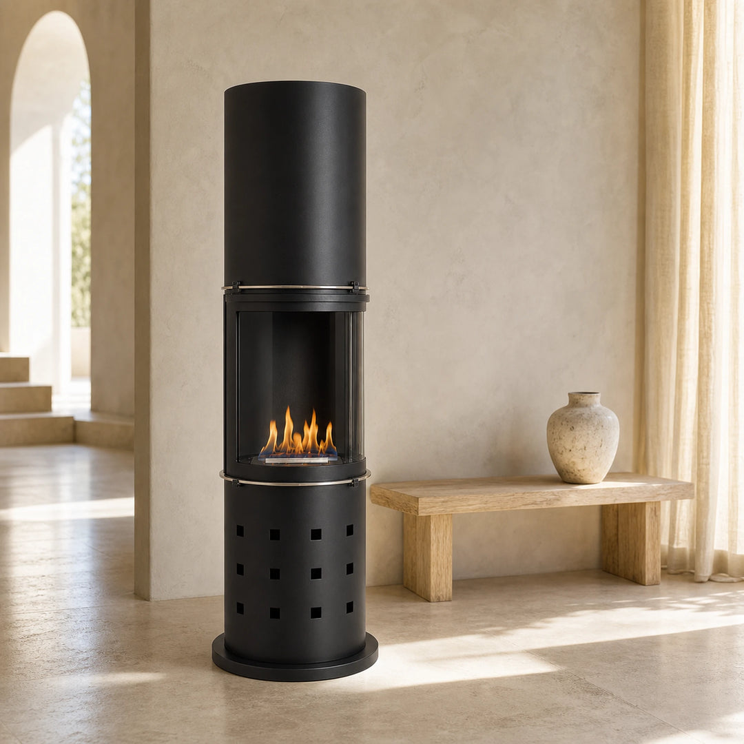 Bioethanol Standkamin SANREMO Freistehender Ethanolkamin Boden Schwarz in mediterranem Wohnzimmer