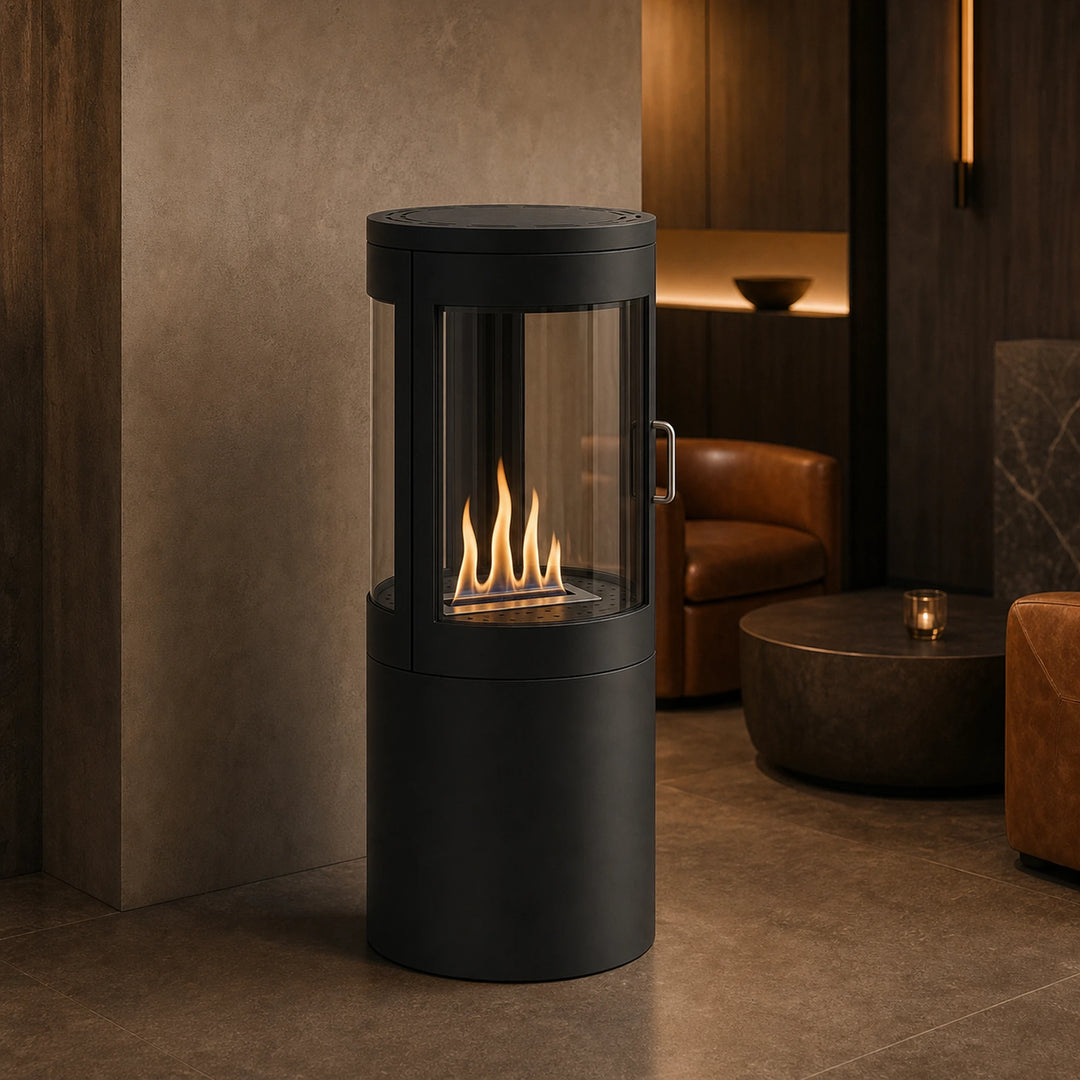 Bioethanol Standkamin VASTO Freistehender Ethanolkamin Boden Schwarz in luxuriösem Wohnzimmer