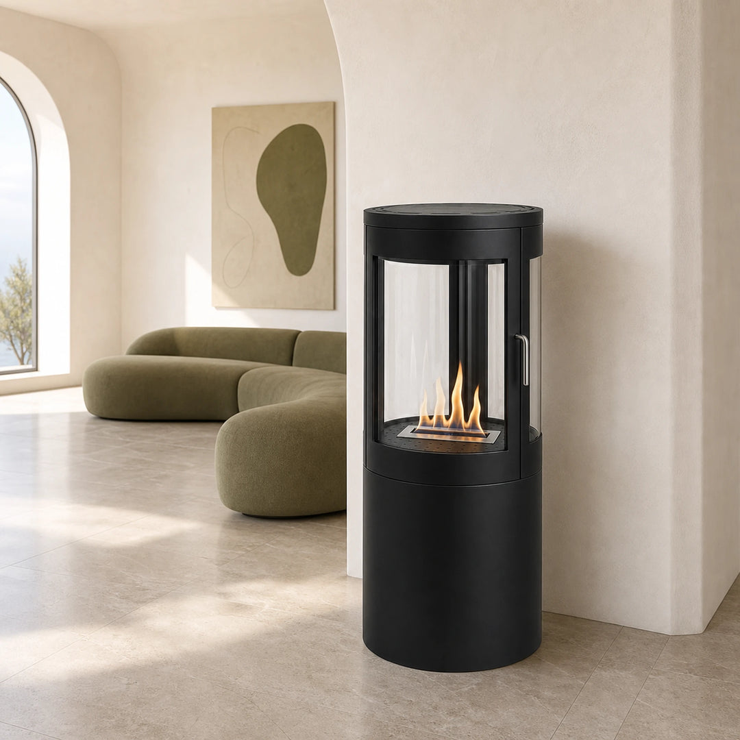 Bioethanol Standkamin VASTO Freistehender Ethanolkamin Boden Schwarz in mediterranem Wohnzimmer
