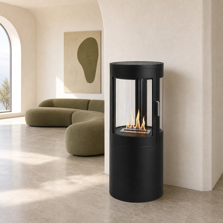 Bioethanol Standkamin VASTO Freistehender Ethanolkamin Boden Schwarz in mediterranem Wohnzimmer