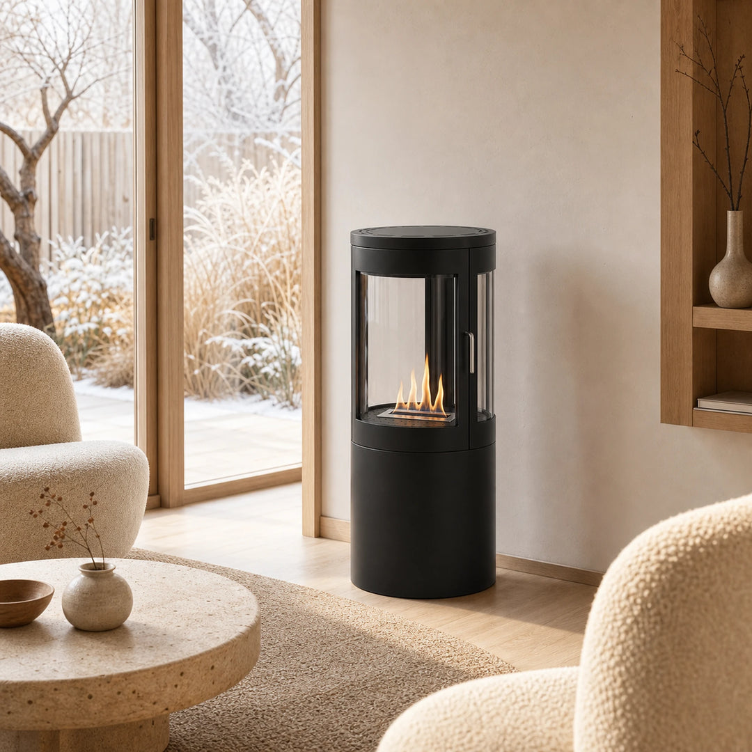 Bioethanol Standkamin VASTO Freistehender Ethanolkamin Boden Schwarz in winterlichem Japandi Wohnzimmer