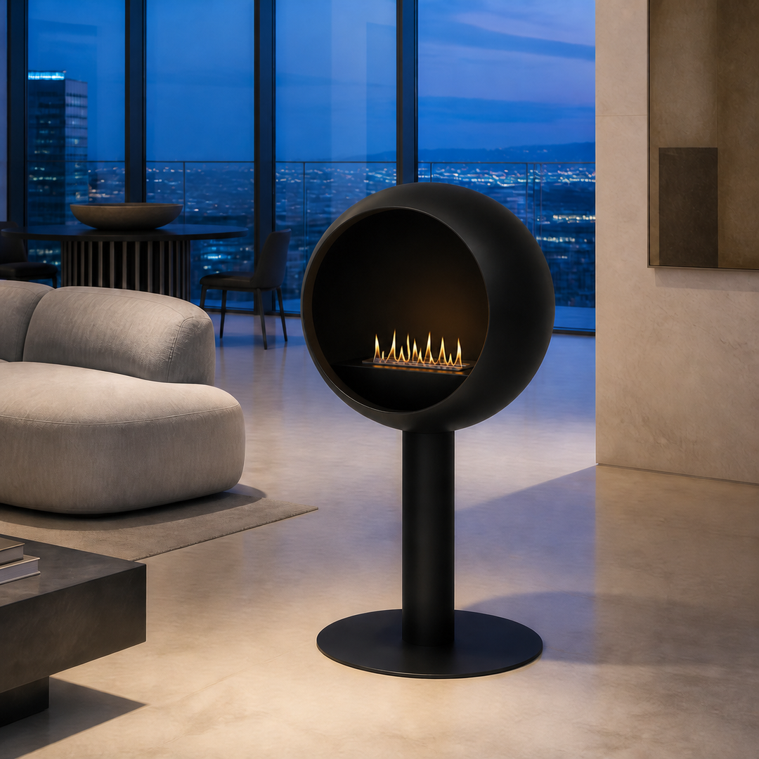 Bioethanol Standkamin VOLTENOVA Freistehender Ethanolkamin Boden Schwarz in luxuriösem Penthouse Wohnzimmer