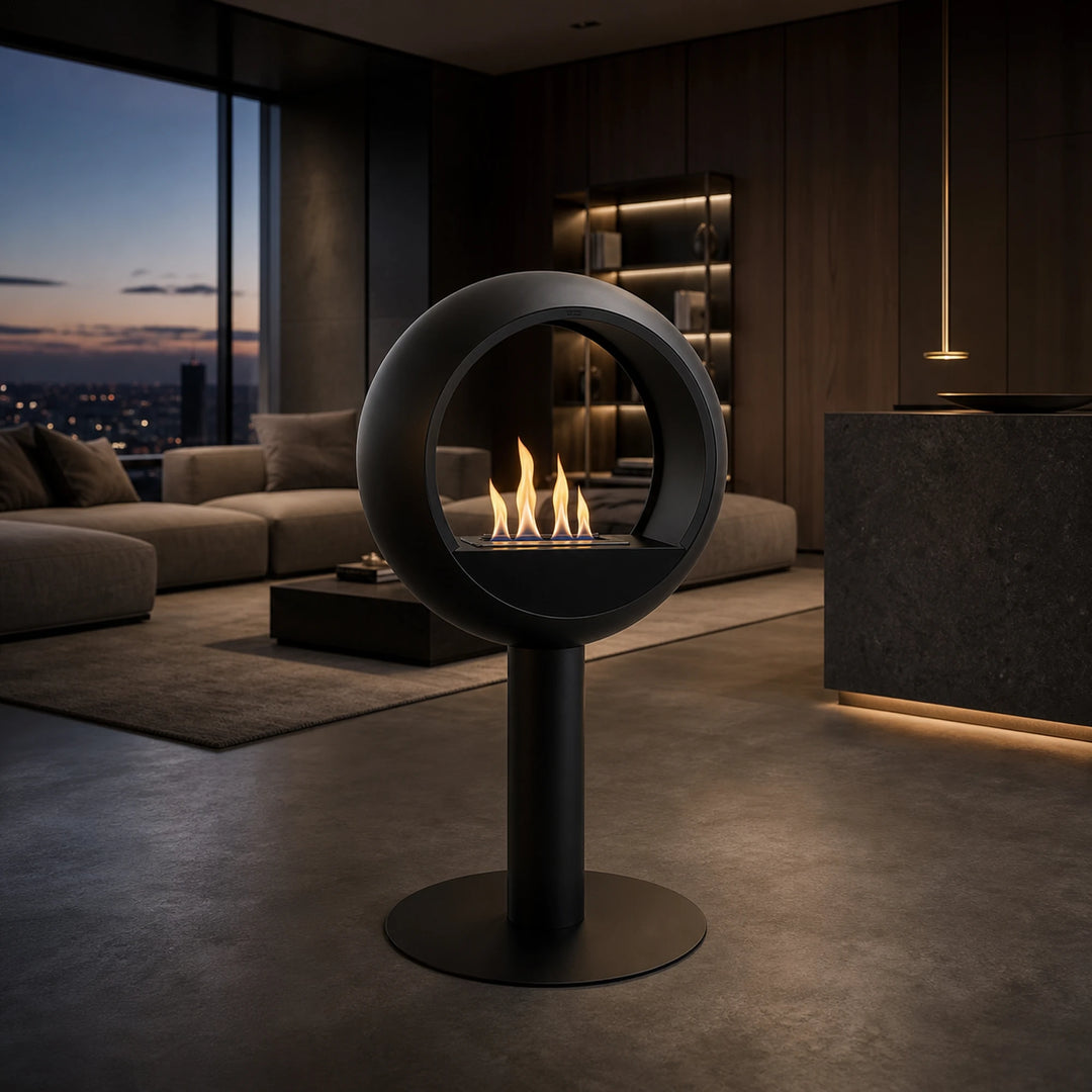 Bioethanol Standkamin VOLTERA Freistehender Ethanolkamin Boden Schwarz in luxuriösem Penthouse