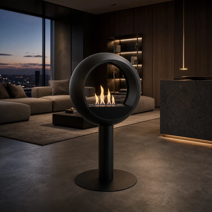 Bioethanol Standkamin VOLTERA Freistehender Ethanolkamin Boden Schwarz in luxuriösem Penthouse